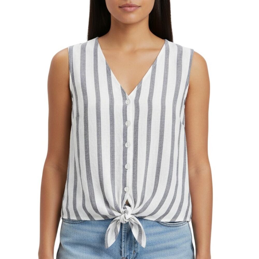 Market & Spruce Sleeveless Button Down Tie Front Top XL Gray White Stripe NWT